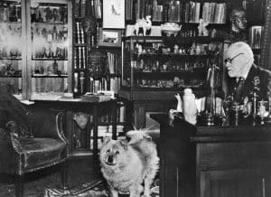 Sigmund Freud in his office with his dog
